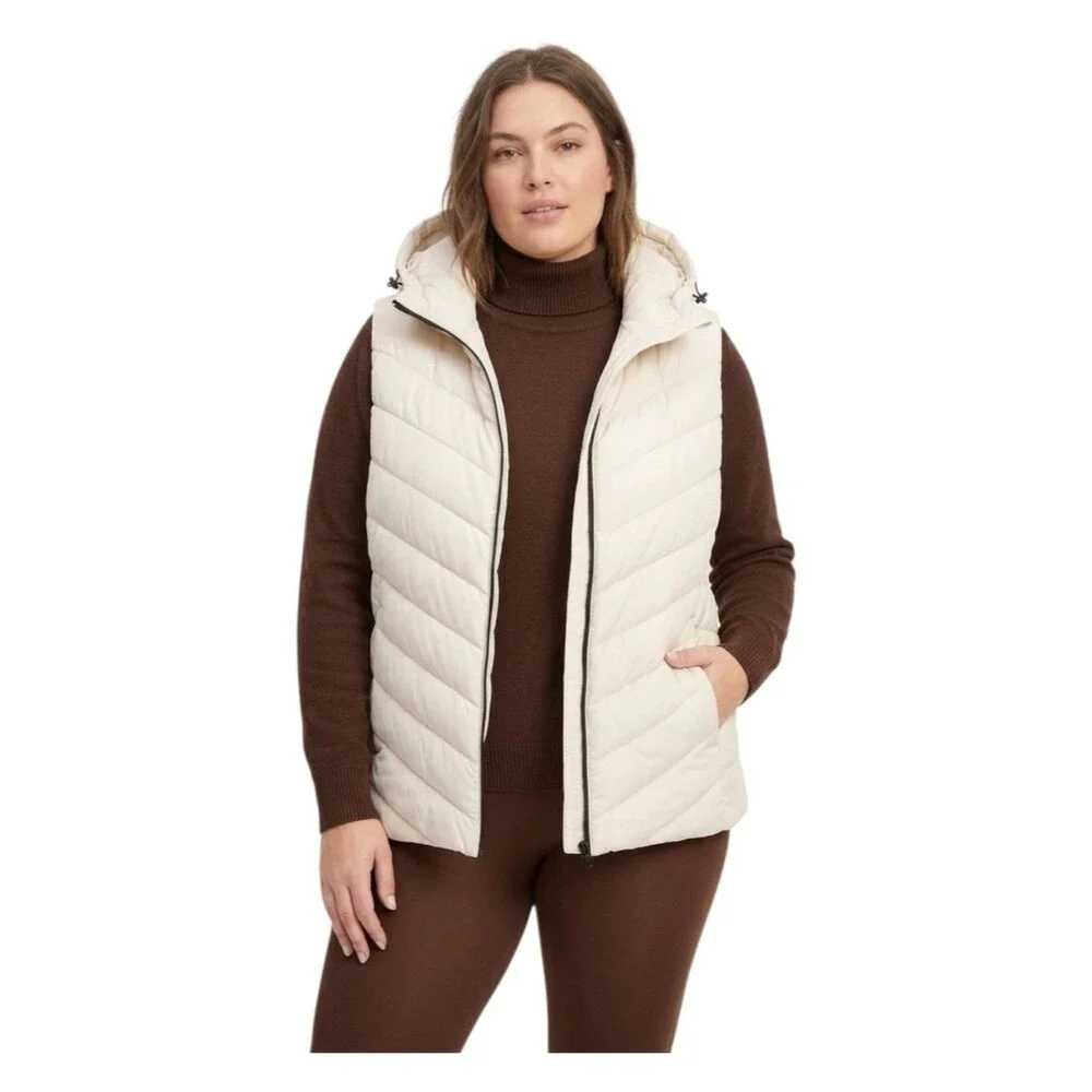 Ivory Chevron Puffer Vest Hooded Tahari Woman 3X NWOT Winter Classic